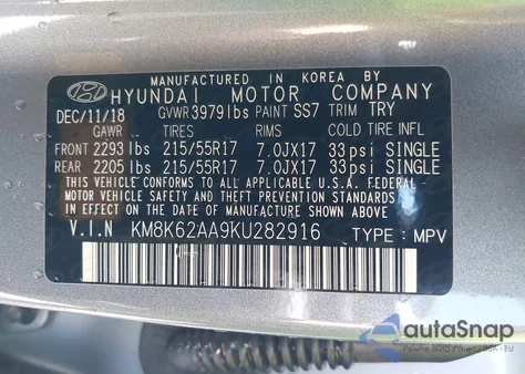 2019 Hyundai Kona Sel z USA, uszkodzony, nr VIN KM8K62AA9KU282916